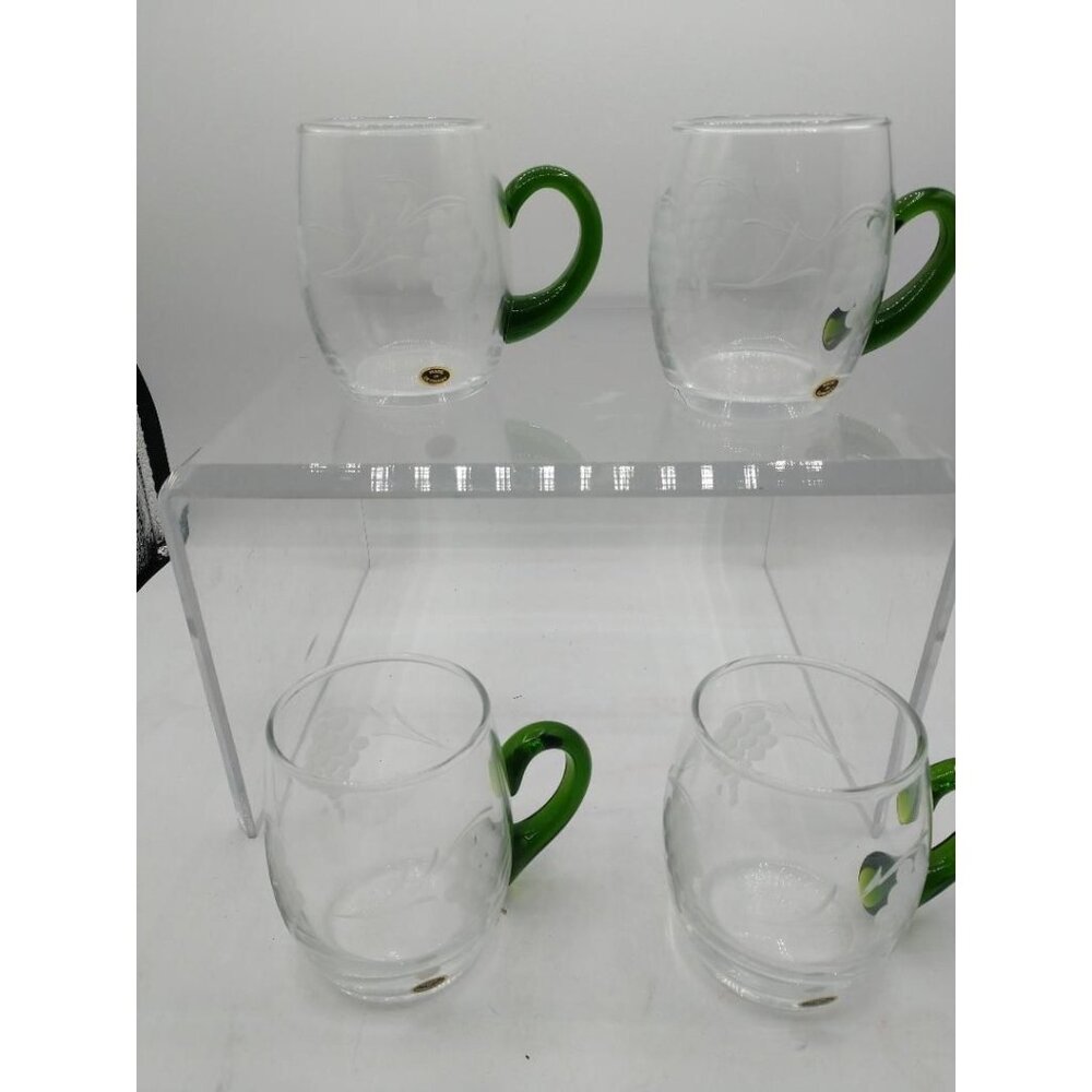 Four (4) Handcrafted Vintage Böckling Glas Mugs With Green Handle & Etched Grape